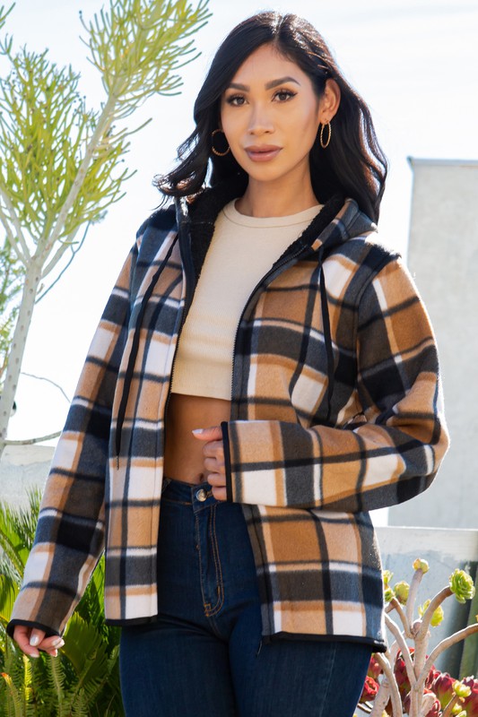 SHERPA LINED PLAID HOODED ZIP-UP JACKET