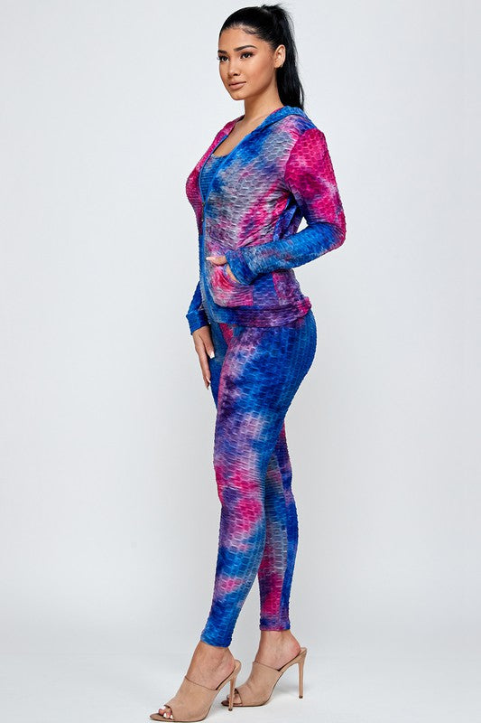 Adult 3PCS Tie Dye Zip Up Hoodie  Leggings Set
