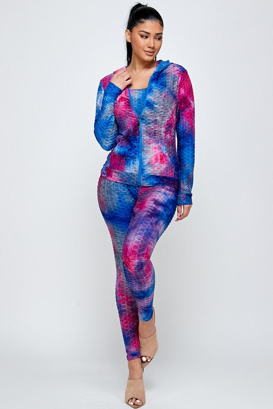 Adult 3PCS Tie Dye Zip Up Hoodie  Leggings Set