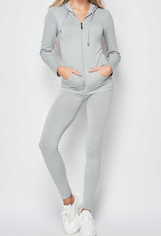 SOLID ZIP UP HOODED JACKET AND  LEGGINGS SET