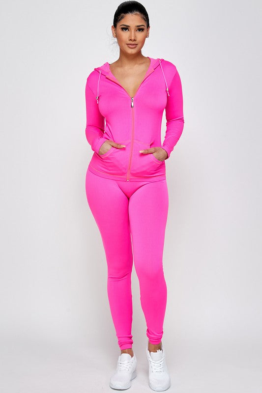 SOLID ZIP UP HOODED JACKET AND  LEGGINGS SET