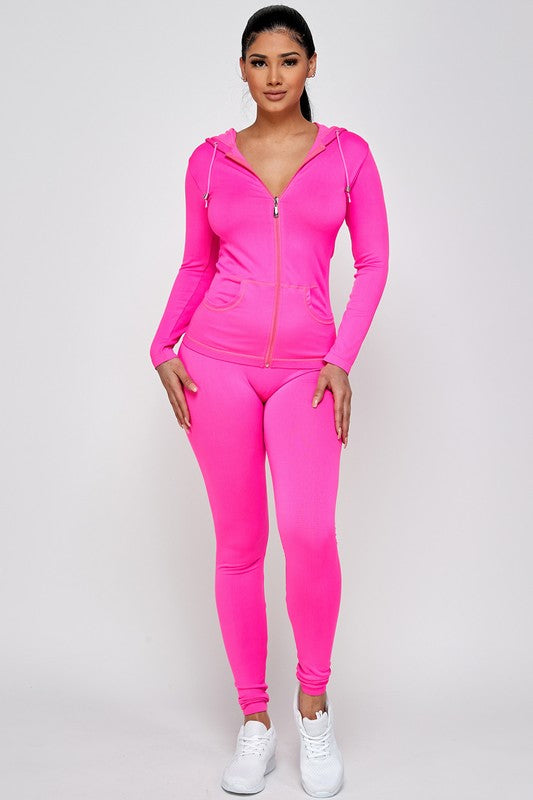 SOLID ZIP UP HOODED JACKET AND  LEGGINGS SET