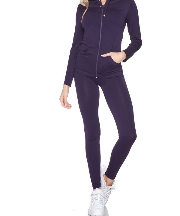 SOLID ZIP UP HOODED JACKET AND  LEGGINGS SET