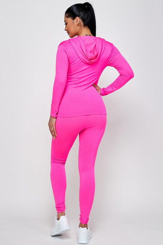 SOLID ZIP UP HOODED JACKET AND  LEGGINGS SET