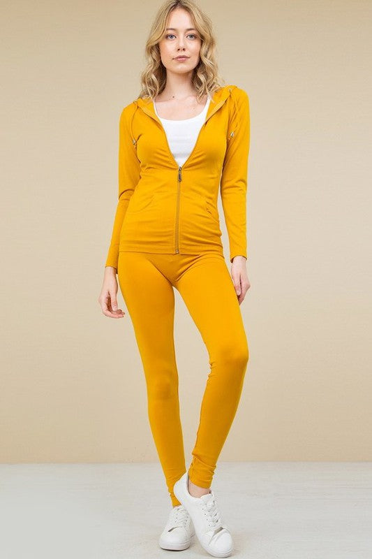 SOLID ZIP UP HOODED JACKET AND  LEGGINGS SET