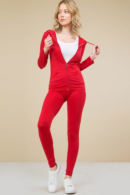 SOLID ZIP UP HOODED JACKET AND  LEGGINGS SET