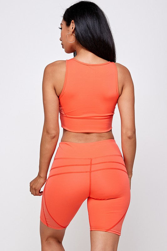 SHEER MESH PANEL SPORTS BRA AND BIKER SHORT SET