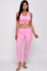 TONAL SHEER MESH RUCHED SPORTS BRA   LEGGING SET