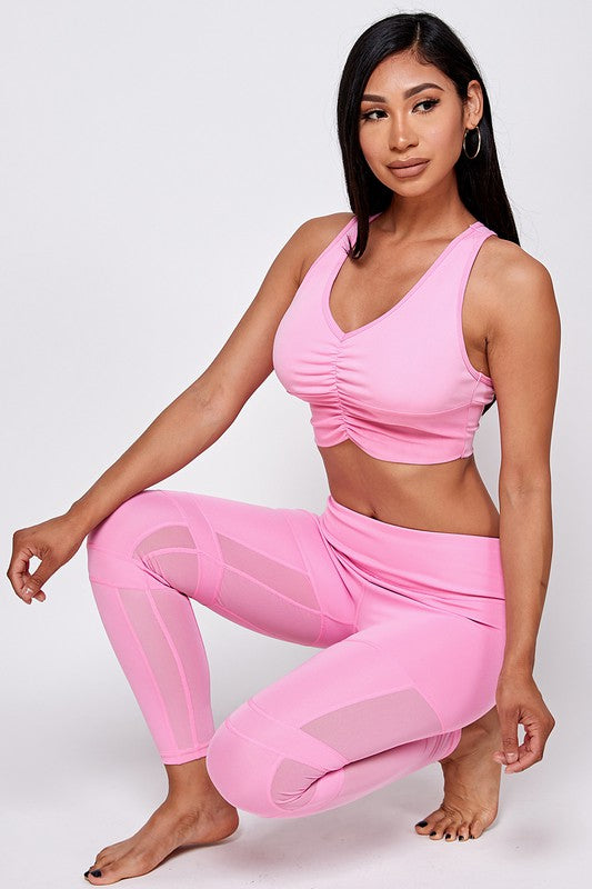TONAL SHEER MESH RUCHED SPORTS BRA   LEGGING SET
