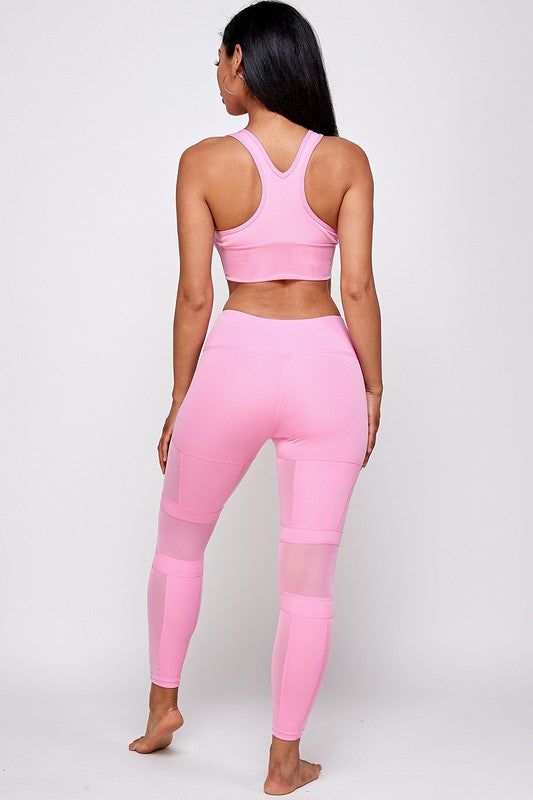 TONAL SHEER MESH RUCHED SPORTS BRA   LEGGING SET
