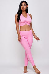 TONAL SHEER MESH RUCHED SPORTS BRA   LEGGING SET