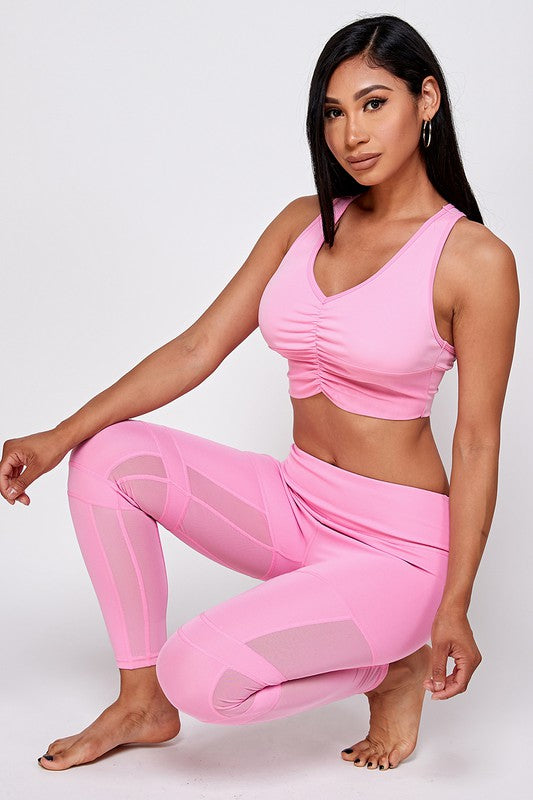 TONAL SHEER MESH RUCHED SPORTS BRA   LEGGING SET