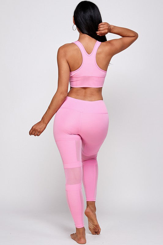 TONAL SHEER MESH RUCHED SPORTS BRA   LEGGING SET