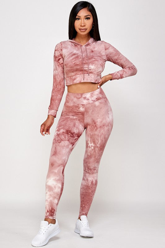 Conjunto de sudadera corta con efecto tie-dye y leggings