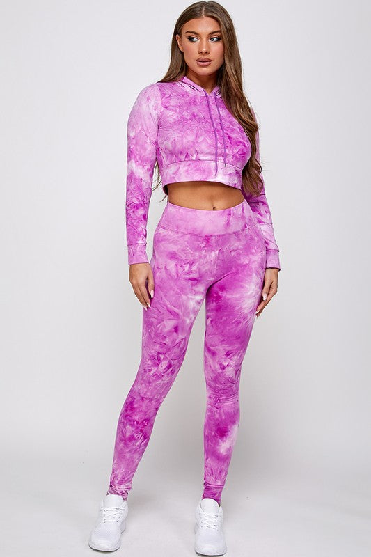 Conjunto de sudadera corta con efecto tie-dye y leggings