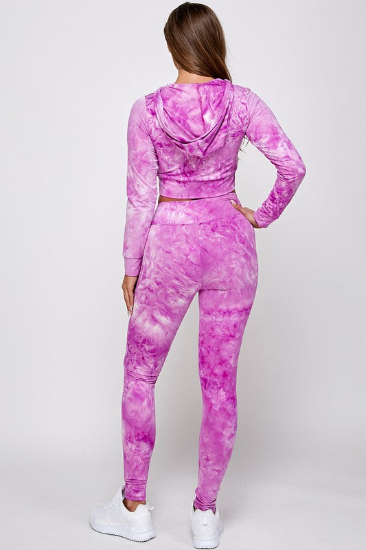 Conjunto de sudadera corta con efecto tie-dye y leggings