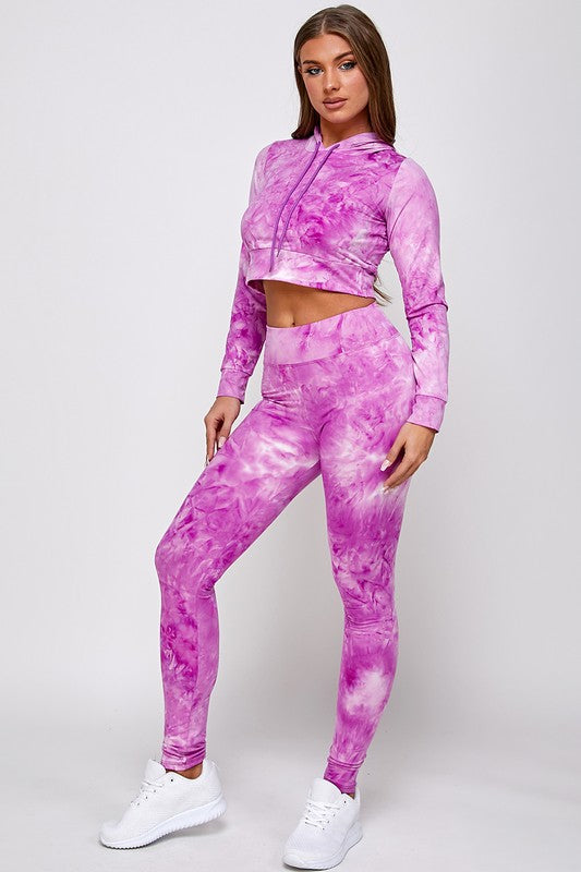 Tie Dye Cropped Hoodie with  Leggings Set