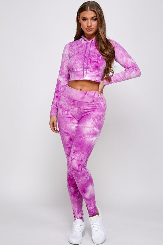 Conjunto de sudadera corta con efecto tie-dye y leggings