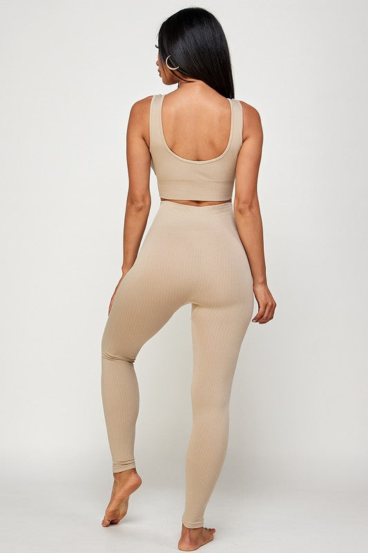 SOLID RIBBED BRA CROP TOP AND  LEGGING SET