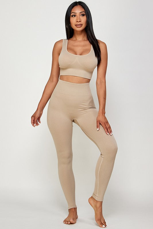 SOLID RIBBED BRA CROP TOP AND  LEGGING SET