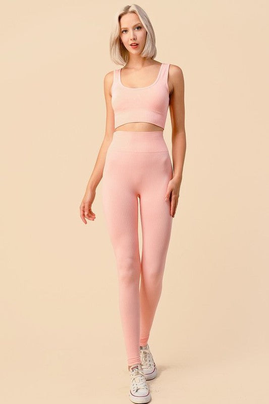 SOLID RIBBED BRA CROP TOP AND  LEGGING SET