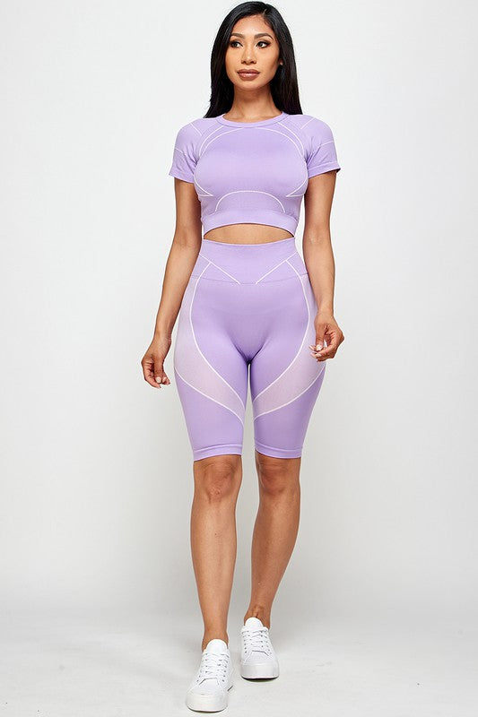 CONJUNTO DE TOP CORTO Y PANTALÓN CORTO DE MOTORISTA SIN COSTURAS