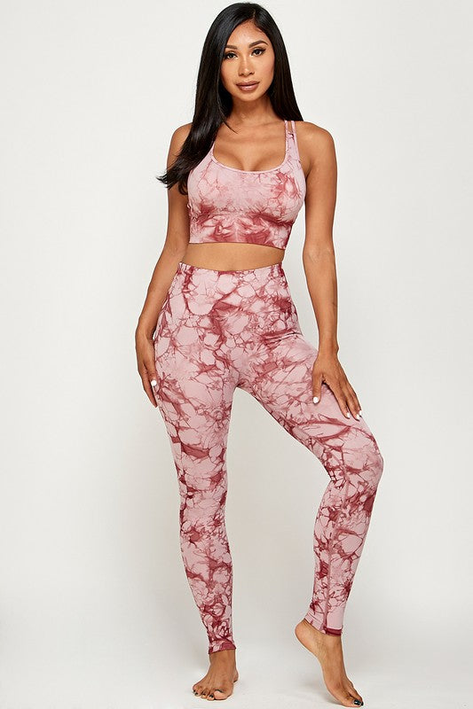 TIE DYE PADDED BRA TANK TOP AND YOGA PANTS SET
