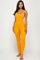 SOLID NYLON RIBBED SEAMLESS SPAGETTI STRAP CATSUIT