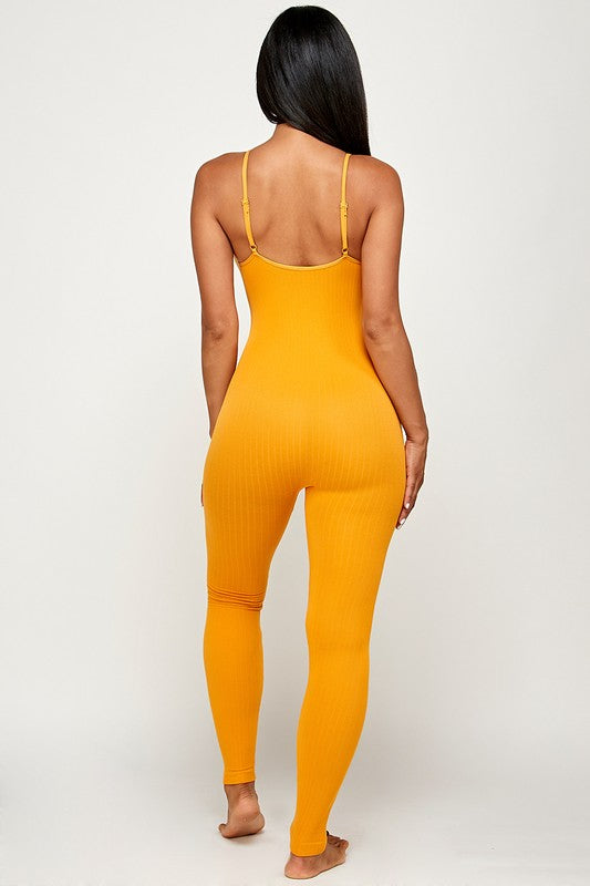 SOLID NYLON RIBBED SEAMLESS SPAGETTI STRAP CATSUIT