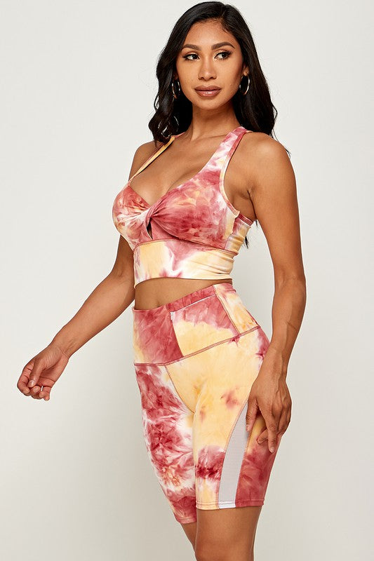 TIE DYE  SPORTS BRA CROP AND BIKER SHORT SET