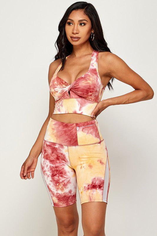 TIE DYE  SPORTS BRA CROP AND BIKER SHORT SET