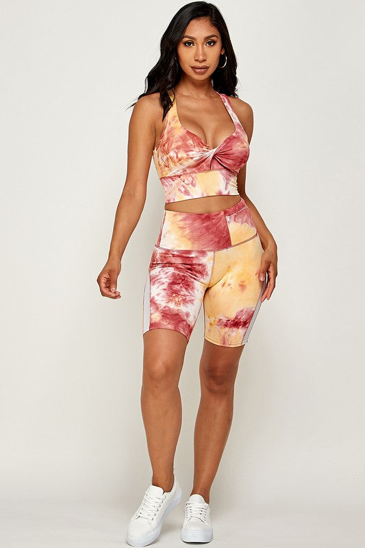 TIE DYE  SPORTS BRA CROP AND BIKER SHORT SET