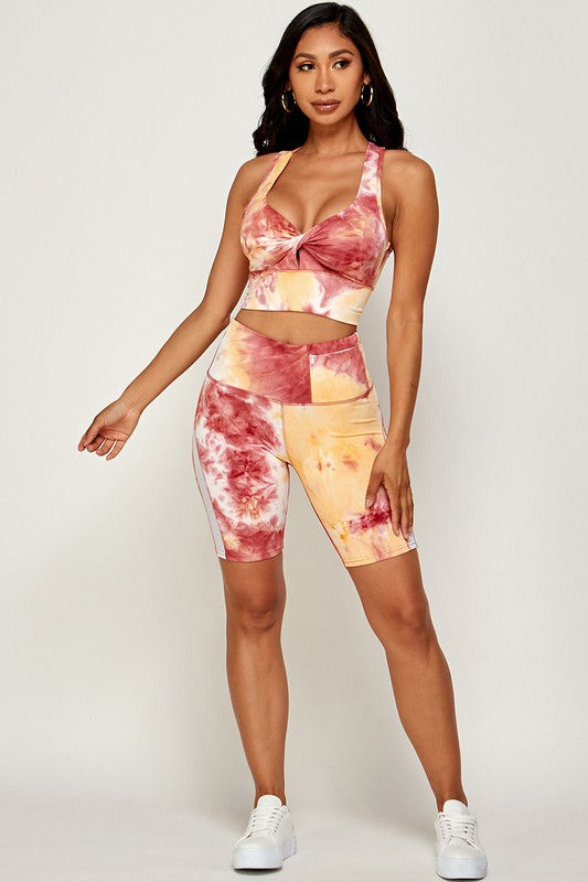 TIE DYE  SPORTS BRA CROP AND BIKER SHORT SET