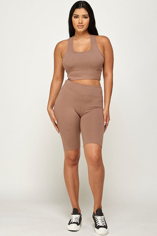 PADDED BRA CROP TANK TOP WITH BIKER SHORT SET