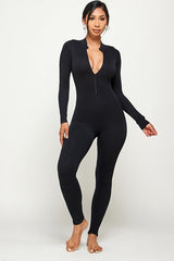 SOLID ZIP UP MOCK NECK LONG SLEEVE JUMPSUIT