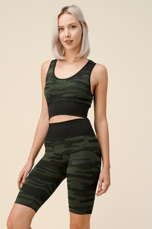 POLY CAMO SEAMLESS ACTIVE BRA BIKER SHORT SET