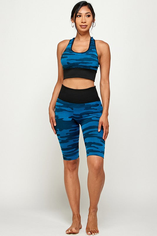 POLY CAMO SEAMLESS ACTIVE BRA BIKER SHORT SET