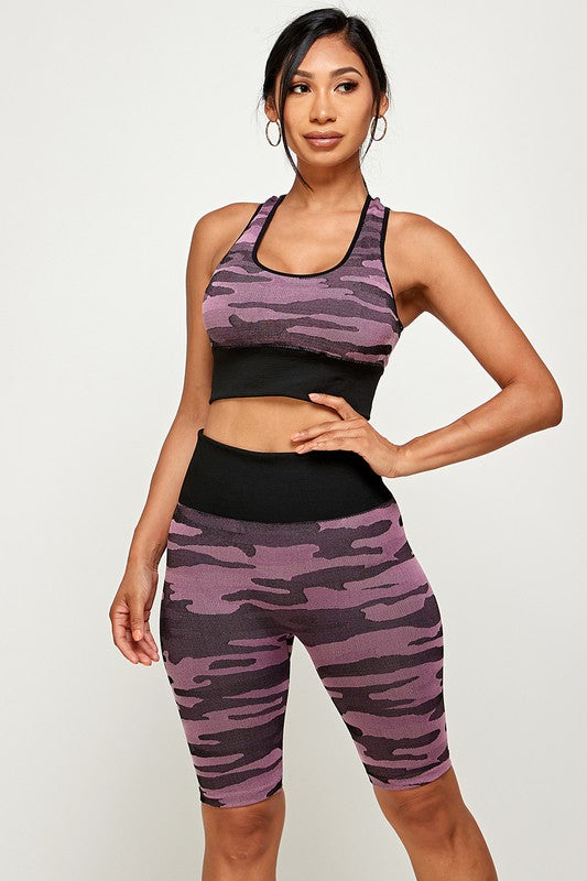 POLY CAMO SEAMLESS ACTIVE BRA BIKER SHORT SET