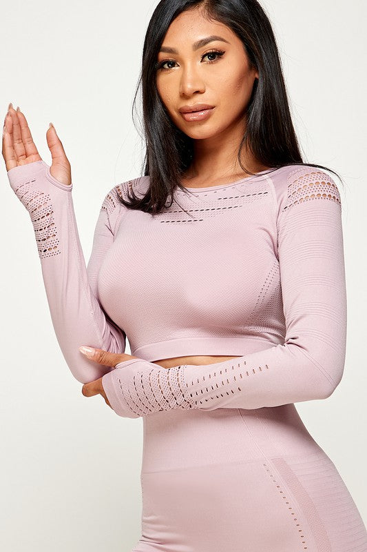 SOLID RAZER CUT THUMB HOLES CROP TOP SET
