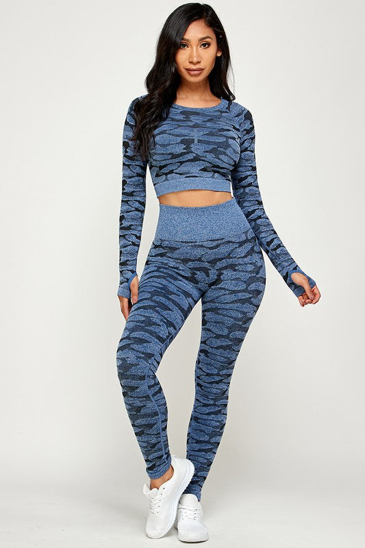 CAMOUFLAGE LONG SLEEVE CROP TOP LEGGINGS SET