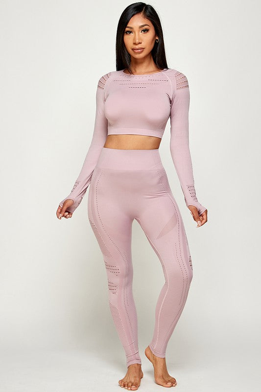 SEAMLESS SOLID RAZER CUT THUMB HOLES CROP TOP SET