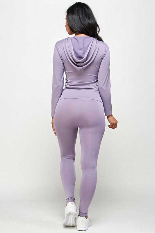 SOLID ZIP UP HOODED JACKET  LEGGINGS SET