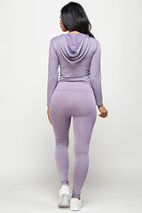 SOLID ZIP UP HOODED JACKET  LEGGINGS SET