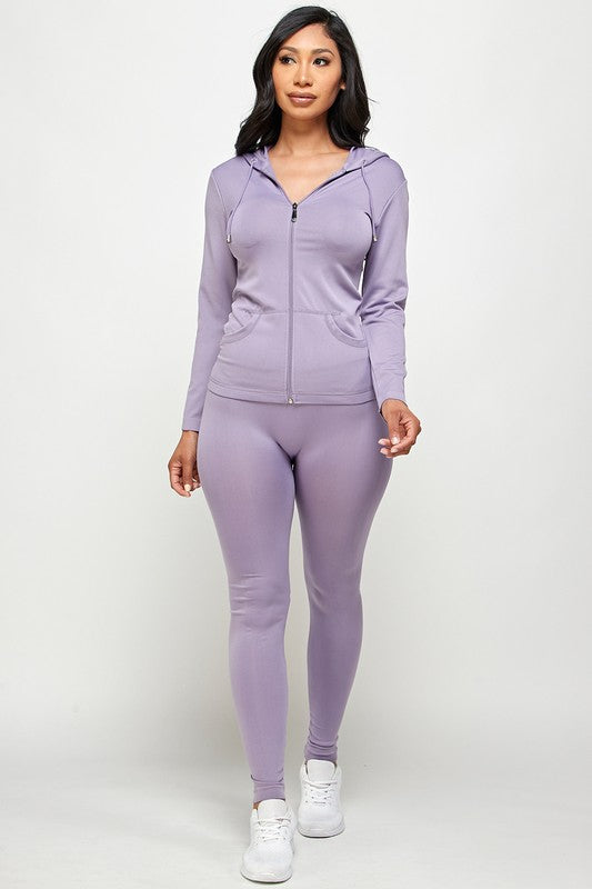 SOLID ZIP UP HOODED JACKET  LEGGINGS SET