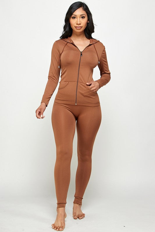 SOLID ZIP UP HOODED JACKET  LEGGINGS SET