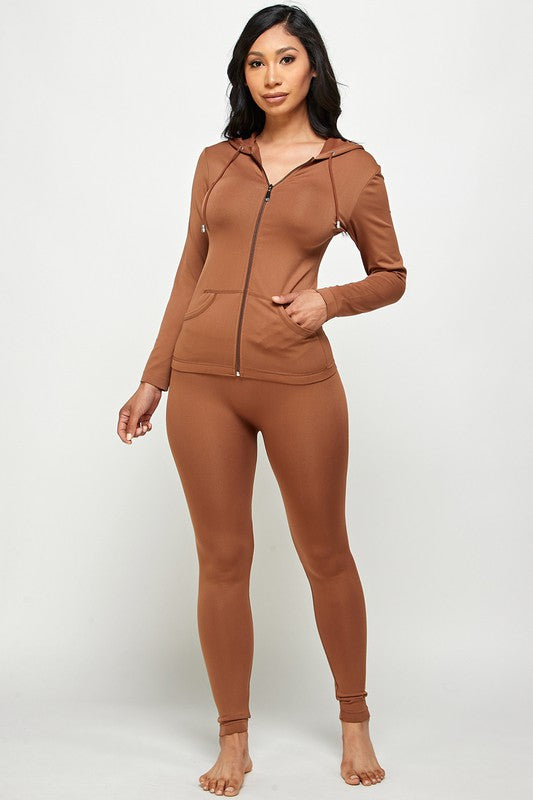 SOLID ZIP UP HOODED JACKET  LEGGINGS SET