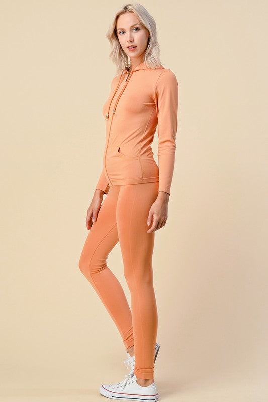 SOLID ZIP UP HOODED JACKET  LEGGINGS SET