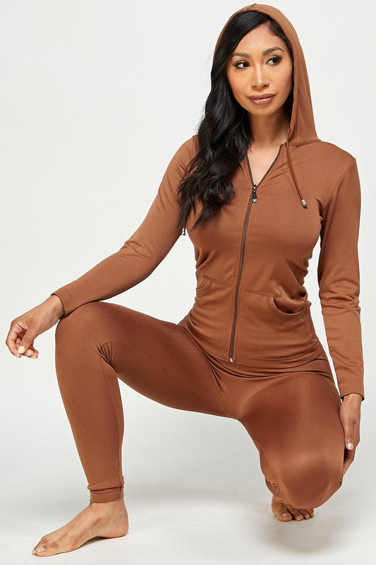 SOLID ZIP UP HOODED JACKET  LEGGINGS SET