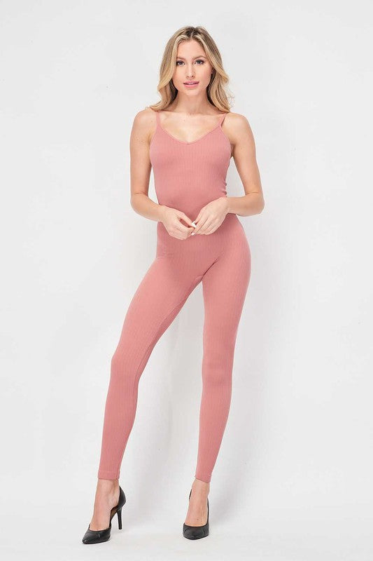 SOLID NYLON RIBBED SEAMLESS SPAGETTI STRAP CATSUIT