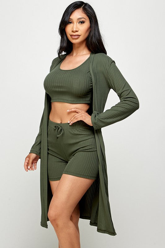 three piece solid cardigan short set